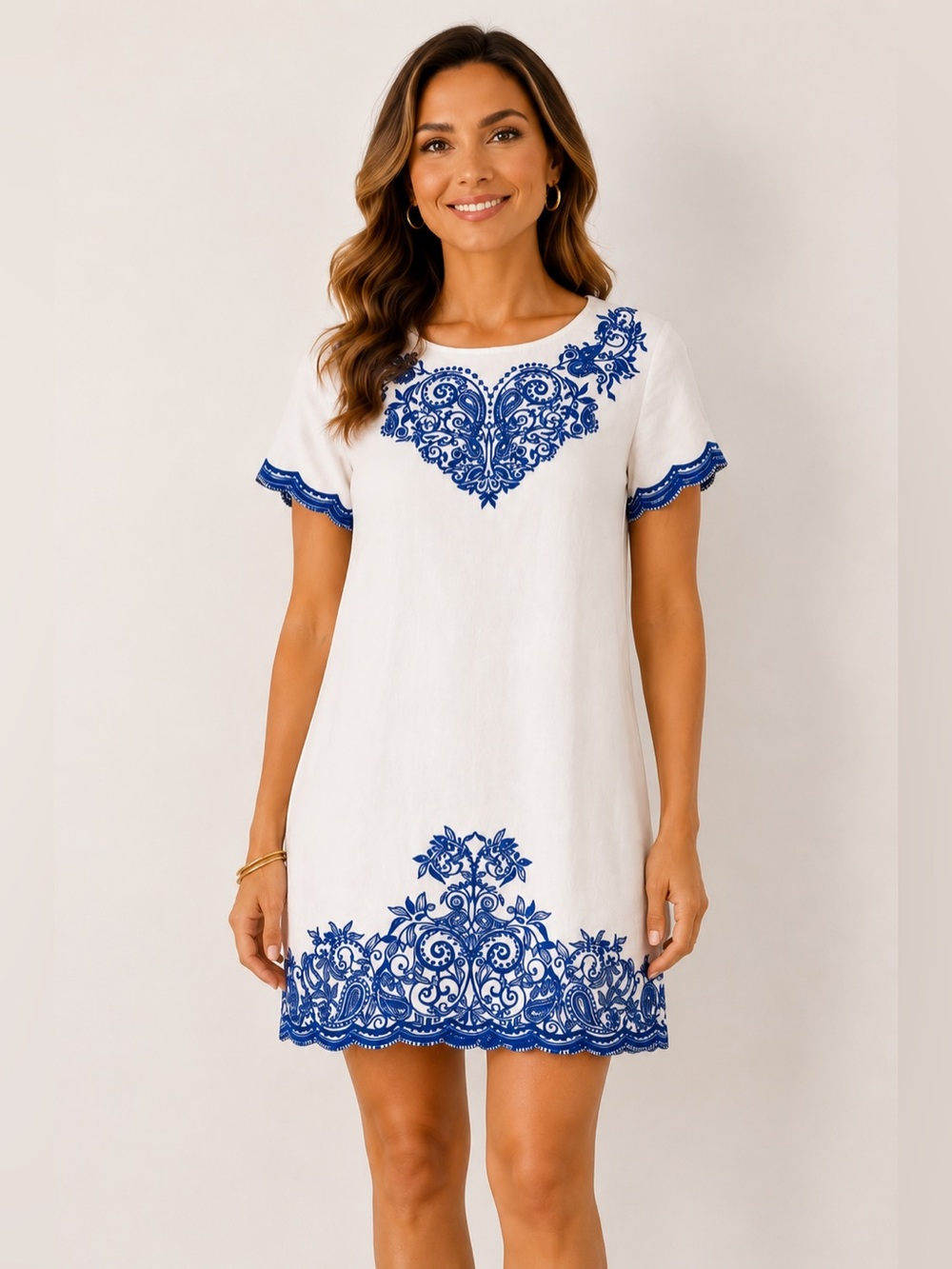 Talbot's Petites Women'S White Linen‎ W/ Royal Blue EmbroideryDress Size